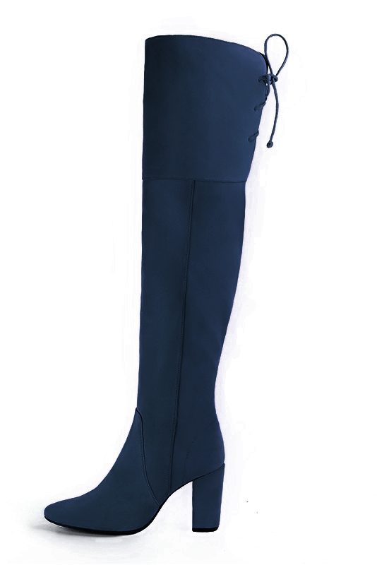 Navy blue women's leather thigh-high boots. Round toe. High block heels. Made to measure. Profile view - Florence KOOIJMAN